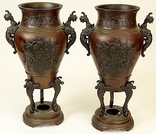 Pair Antique Japanese Bronze Urns. Figural Handles and Legs