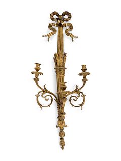 A Louis XVI Style Gilt and Patinated Bronze Three-Light Wall Sconce