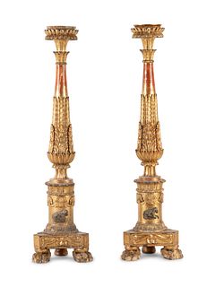 A Pair of Neoclassical Carved Giltwood Prickets