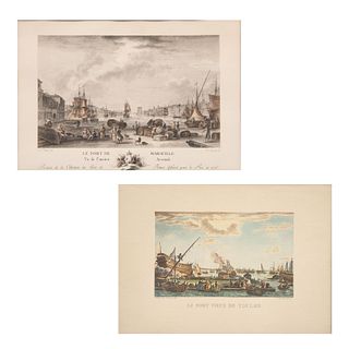 Lote de obra gráfica. Vistas de puertos. Francia, siglo XIX. Litografías coloreadas. Enmarcadas. 14 x 23 cm. Piezas: 2.
