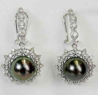 AIGL Certified Tahitian Grey Pearl, 1.68 Carat Round Cut Diamond and 14 Karat White Gold Earrings