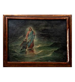 G. Morales Jesús caminando sobre el agua. Firmado y fechado 1902. Óleo sobre tela. Enmarcado. 42 x 58 cm