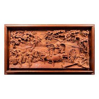 Jojong. Escena campirana en alto relieve. Firmada. En talla de madera. Enmarcada. 47 x 100 cm.