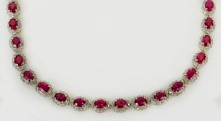 AIG Certified 41.18 Carat Oval Mixed Cut Natural Ruby, 4.50 Carat Round Cut Diamond and 14 Karat White and Yellow Gold Necklace