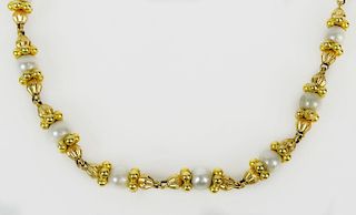 Lady's Vintage High Karat Yellow Gold and Pearl Necklace
