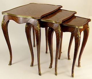 Mid 20th Century Louis XV style Bronze Mounted Parquetry Inlay Set of Three (3) Nesting Tables