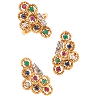 Set of ring and pair of earrings with sapphires, rubies, emeralds, & diamonds in 18k yellow gold, 10k, & palladium silver. Weight: 21.5 g