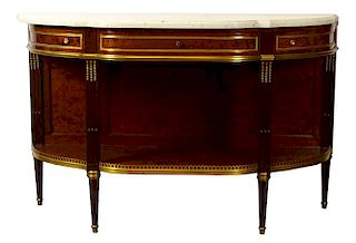 Fine Quality Early 20th Century French Louis XVI style Gilt Bronze Mounted Plum Pudding Mahogany Console Buffet with Marble Top