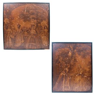 Pair of panels. European origin, 20th century. Anonymous. Gallant scenes. Prints on canvas on wood. Pieces: 2