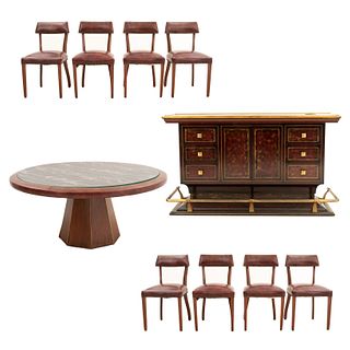 Dining room set. 20th century. Carved in wood. Consists of: Table, bar, 8 chairs. 43.7 x 74.8 x 25.5" (111 x 190 x 65 cm)