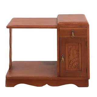 Telephone cabinet. 20th century. Carved in wood. Seat, lower shelf, drawer, hinged door. 24 x 32.2 x 15.7" (61 x 82 x 40 cm)