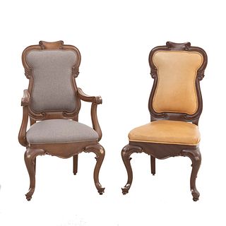 Chair and armchair. 20th century. Carved in wood. With closed backrests and seats in gray and mustard upholstery.