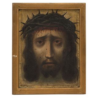 Holy Face. Mexico, 18th-19th century. Oil on canvas. Conservation details. 10.2 x 8.2" (26 x 21 cm)