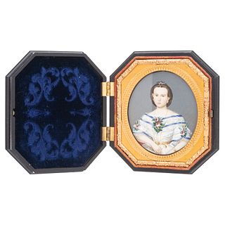 Portrait of Refugio Cobo. Mexico, 19th century. Gouache on ivory sheet. Dark case made with sawdust. 2.5 x 2.1" (6.5 x 5.5 cm)