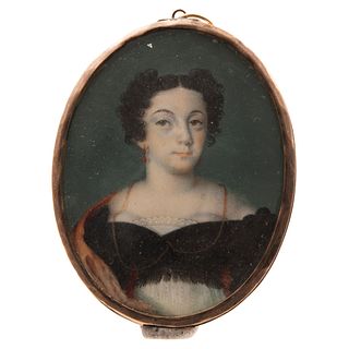 Portrait of Lady. Mexico, 19th century. Gouache on ivory sheet. Brass medallion with ring. 2.3 x 1.9" (6 x 5 cm)