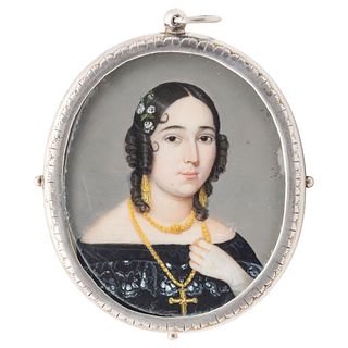 Portrait of Lady. Spain, 19th century. Gouache on ivory sheet. Silver metal frame. 2.4 x 2" (6.2 x 5.1 cm)