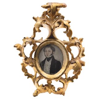Portrait of Gentleman. Mexico, 19th century.  Gouache on ivory. Carved and gilded wooden frame. 1.9 x 1.3" (5 x 3.5 cm)