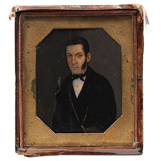 Portrait of Gentleman. Mexico, 19th century. Oil on gutta-percha. Leather frame with glass. 2.5 x 2" (6.5 x 5.5 cm)