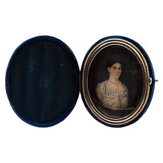 Portrait of Lady. Spain, 19th century. Gouache on gutta-percha. Blue velvet case with brass border. 1.9 x 1.5" (5 x 4 cm)