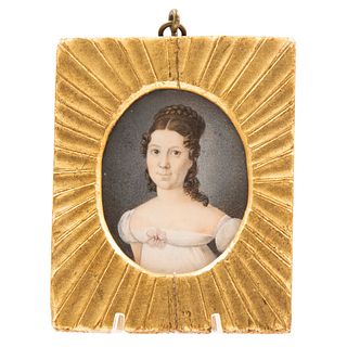 Portrait of Lady. France, 19th century. Gouache on ivory sheet. Carved and gilded wood frame. 2 x 1.7" (5.5 x 4.5 cm)