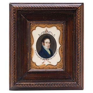 Portrait of Gentleman. France, 19th century. Gouache on gutta-percha. Carved wooden frame with brass details. 2 x 1.7" (5.5 x 4.5 cm)