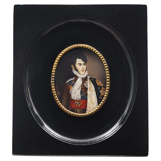 Portrait of Gentleman. France, 19th century. Gouache on ivory sheet. Ebonized wood frame. 2.5 x 1.9" (6.5 x 5 cm)