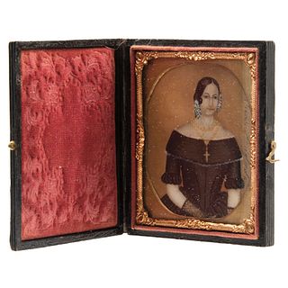 Portrait of Lady. Spain, 19th century. Gouache on ivory sheet. Signed "Juana Anglada". Dark paste frame. 2.7 x 2.3" (7 x 6 cm)