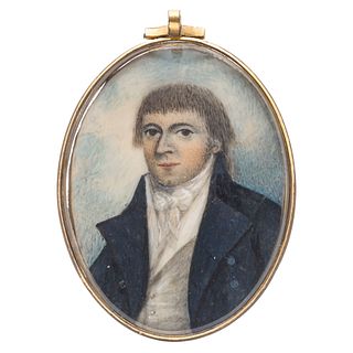 Portrait of Gentleman. Mexico, 19th century. Gouache on ivory sheet. Medallion with protective glass. 2.2 x 1.5" (5.7 x 4 cm)