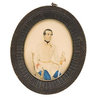 Portrait of Gentleman. France, 19th century. Watercolor and graphite on cardboard. Carved wooden frame. 6.2 x 5" (16 x 13 cm)