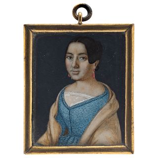 Portrait of Lady. Mexico, 19th century. Gouache on ivory sheet. Brass frame with top ring. 2 x 1.7" (5.5 x 4.5 cm)