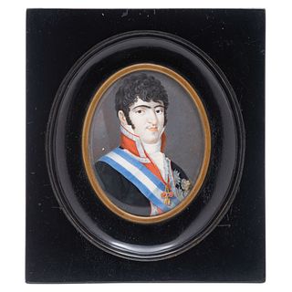 Portrait of Spanish Military Man. Spain, 19th century. Gouache on ivory sheet. Ebonized wooden frame with ring. 2.7 x 2.1" (7 x 5.5 cm)