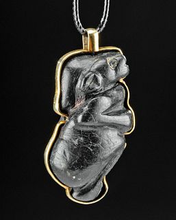 Mesopotamian Black Stone Amulet w/ 12K Gold Bezel