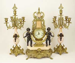 20th Century Italian Gilt Bronze and Marble Three (3) Piece Clock Garniture Set with Patinated Bronze Putti