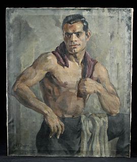 Signed William Draper Painting of Bare-Chested Man 1941