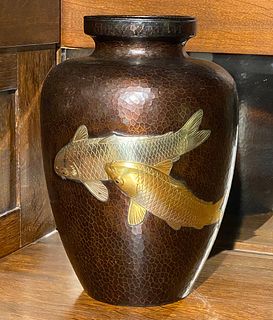 Japanese Hammered Copper, Silver & Brass Fish Vase