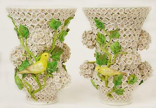 Pair of 19/20th Century Meissen Schneeballen Vases
