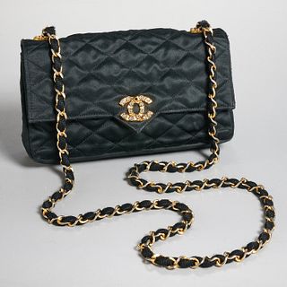Chanel black satin diamante CC flap handbag