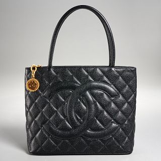 Chanel black quilted caviar leather medallion tote