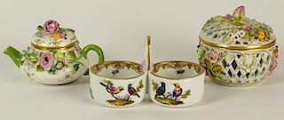 Miniature Meissen Porcelain Tea Pot, Miniature Meissen Porcelain Double Bowl and Dresden Porcelain Reticulated Covered Box