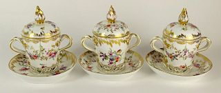 Three (3) 19/20th Century  Dresden Porcelain Two Handled Pot de Crème Cup and Lid