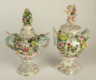 Two (2) Schierholtz Porcelain Covered Urns with Relief Floral Decoration