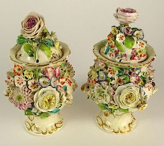 Pair of 19th Century Chelsea Covered Urns with Relief Floral Decoration