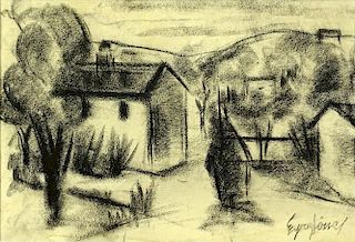 József Egry, Hungarian (1883-1951) Charcoal on Paper "Village Scene"