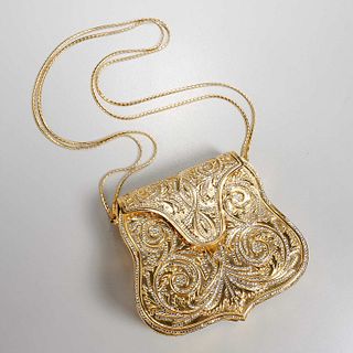 Judith Leiber gold tone metal hard case handbag