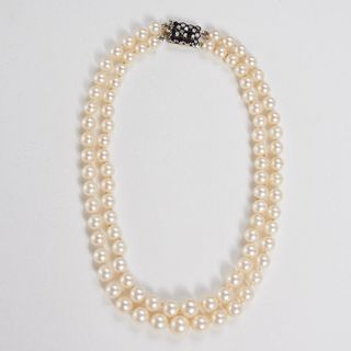 Double strand pearl necklace, 14k closure