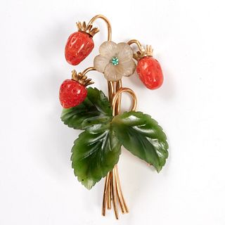 Vintage jade, coral 18k brooch