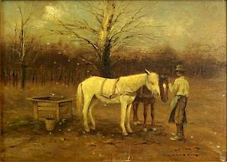 Gyorgy Nemeth, Hungarian (1890-1962) Oil on Panel "Caring For The Horses"
