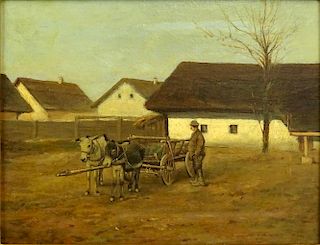 Gyorgy Nemeth, Hungarian (1890-1962) Oil on Panel "Donkey Cart"