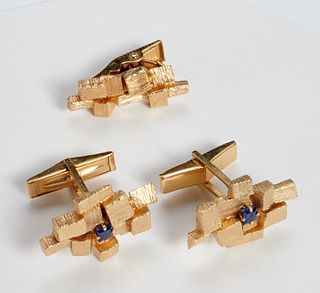 14K yellow gold gents cufflinks and tie clip set