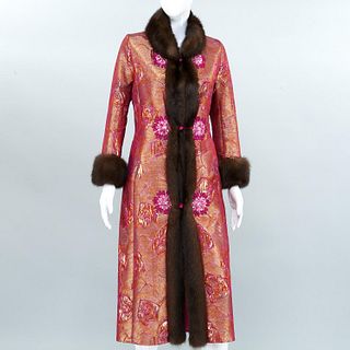 Bespoke couture brocade coat ensemble, sable trim